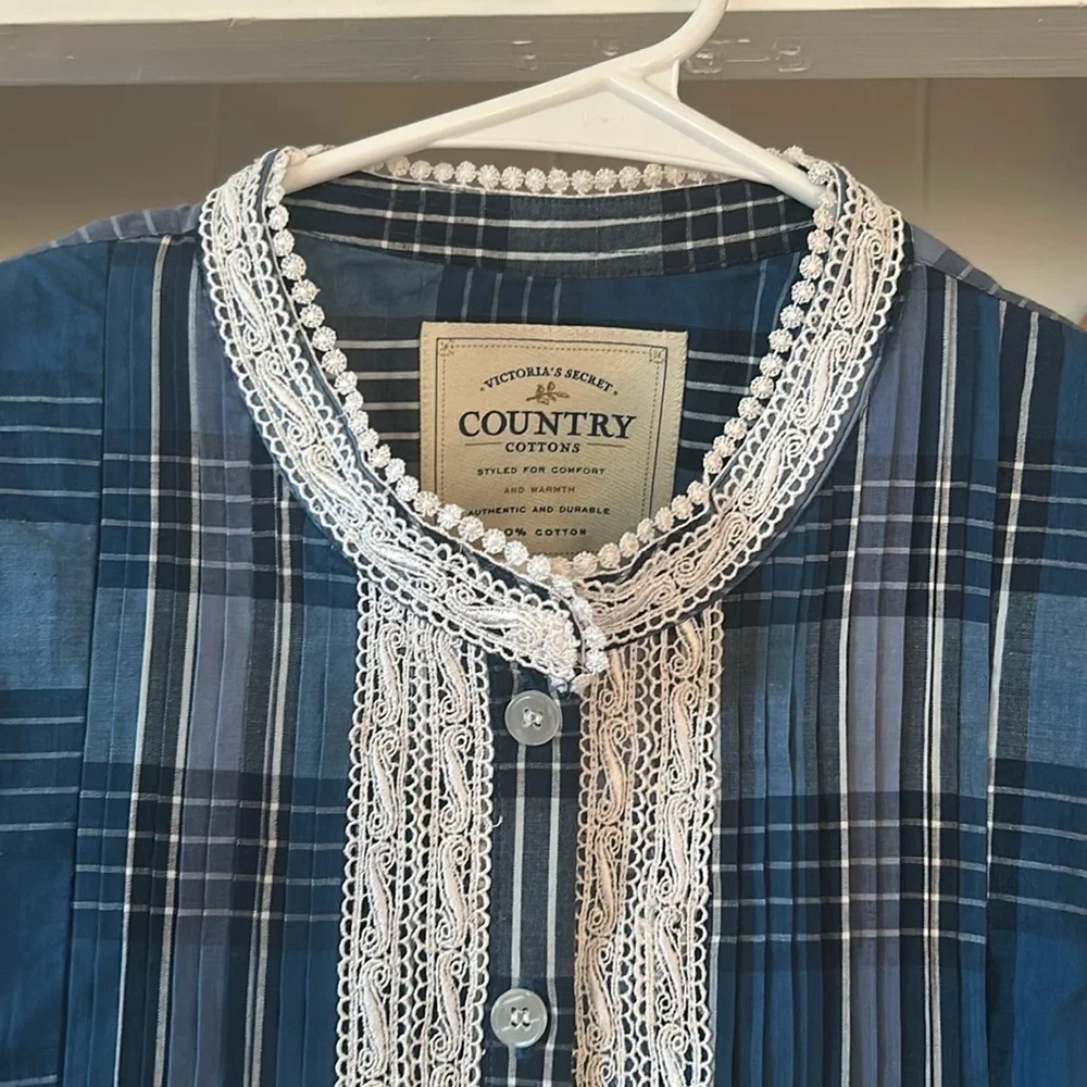 NWT Vintage Victoria's Secret Country Cottons Blue Plaid Nightgown Size L